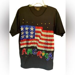 Vintage Bali Chic Sequin America Flag Shirt Patriotic 90s Y2K July 4th One Size